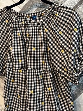 Old Navy Black & White Gingham Top with Yellow Floral Accents